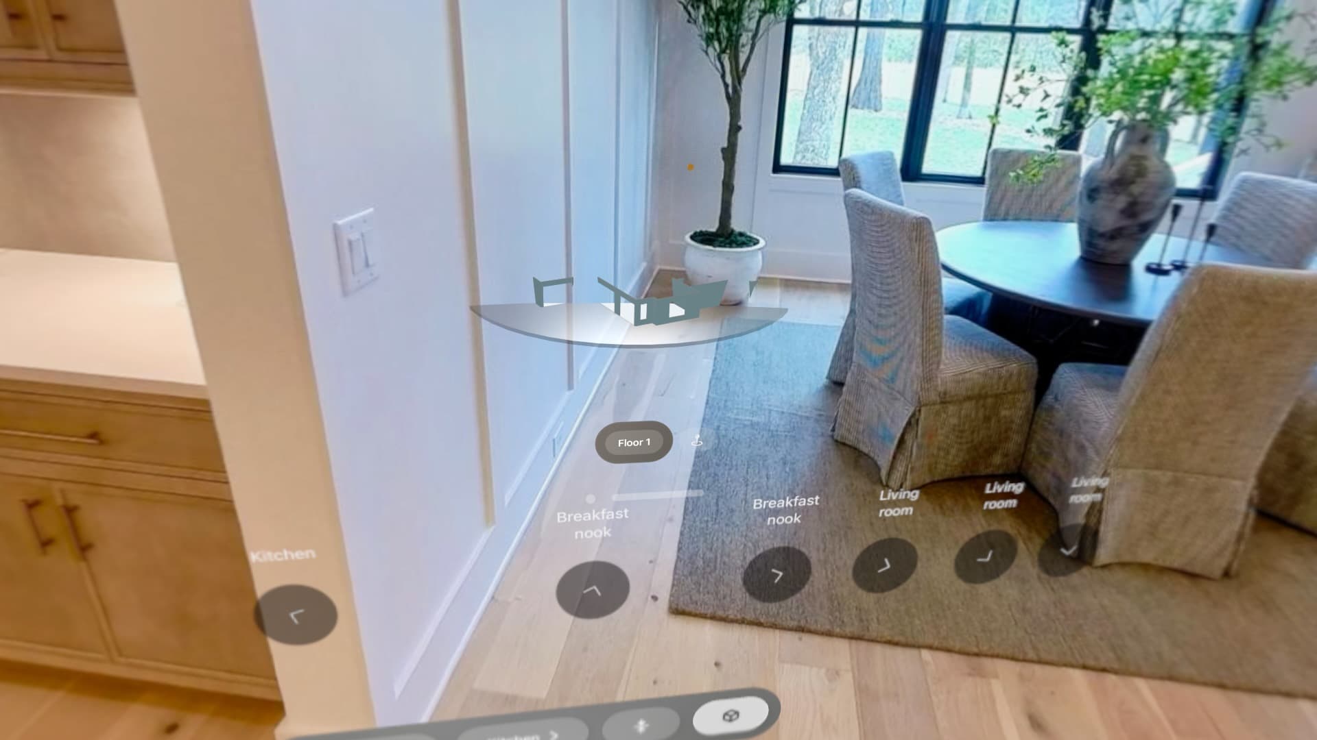 Glitchy UI over a 3D house tour