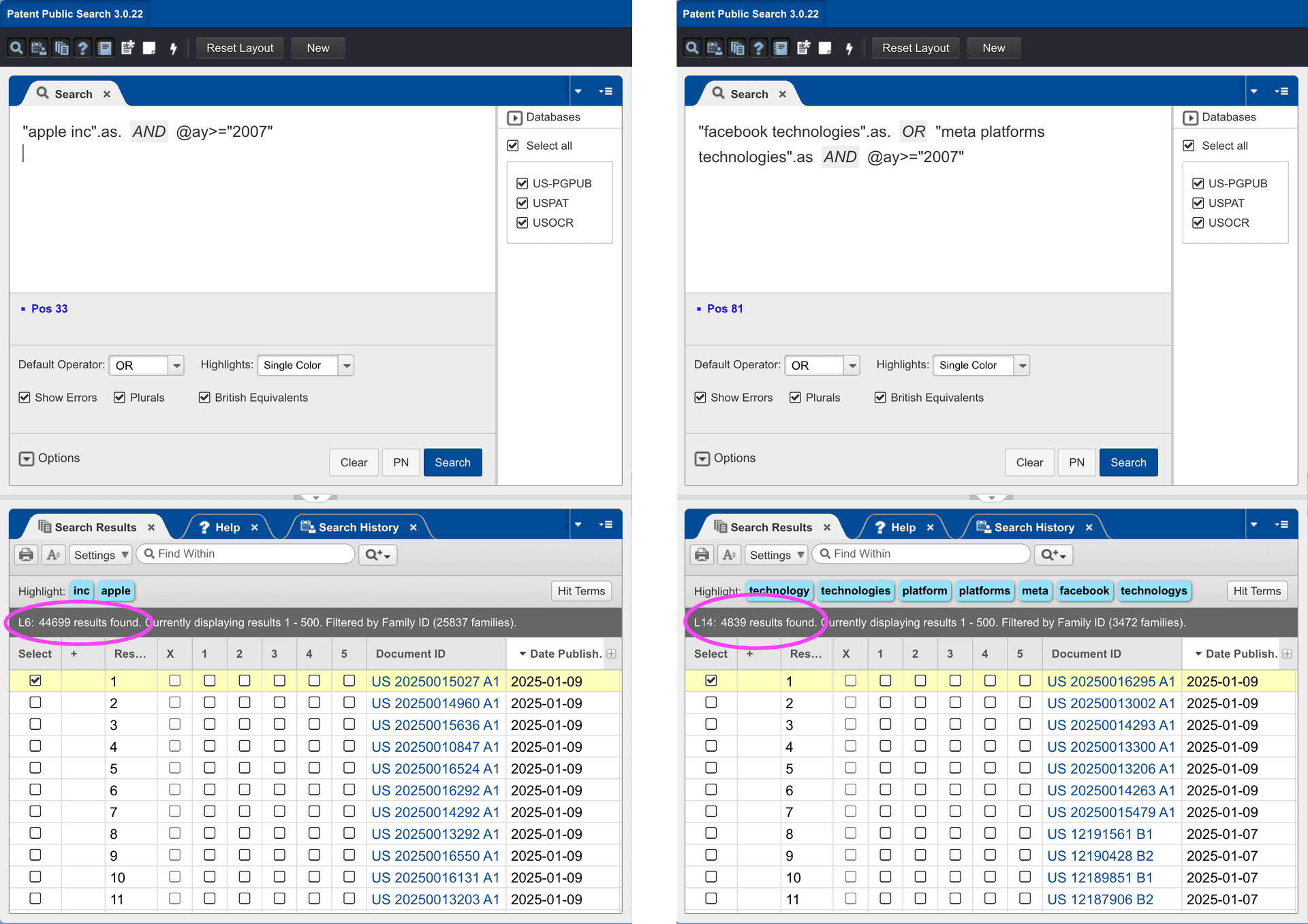 These images show two side-by-side screenshots of the USPTO Patent Public Search interface (version 3.0.22). The left image shows a search query for "apple inc" patents filed since 2007, which returned 44,699 results. The right image shows a search query for "facebook technologies" OR "meta platforms technologies" patents filed since 2007, which returned 4,839 results. Both interfaces display patent search results in a table format showing document IDs and publication dates from January 2025, with various search options and filters visible in the interface, including database selections (US-PGPUB, USPAT, USOCR) and search preferences like plurals and British equivalents.