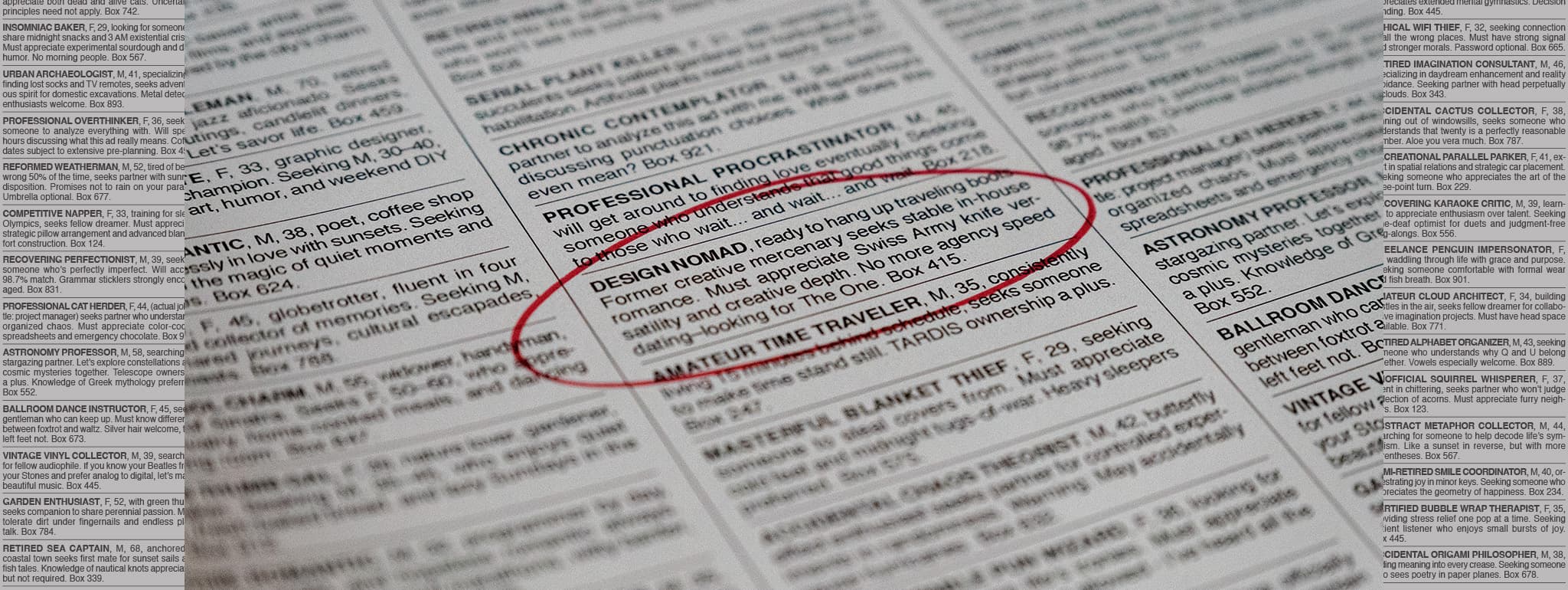 A close-up photograph of a newspaper's personal advertisements section, with one listing circled in red ink. The circled ad is titled "DESIGN NOMAD" and cleverly frames a designer's job search as a personal ad, comparing agency work to casual dating and seeking an in-house position as a long-term relationship. The surrounding text shows other personal ads in small, dense print arranged in multiple columns.