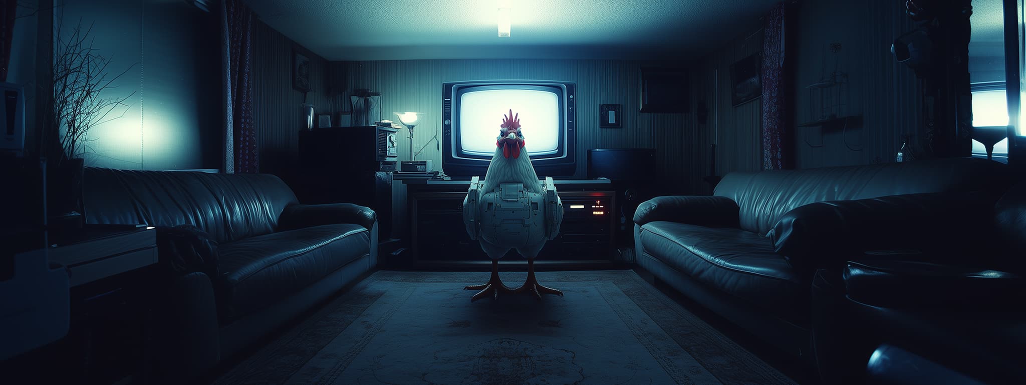 Surreal scene of a robotic chicken standing in the center of a dimly lit living room with retro furnishings, including leather couches and an old CRT television emitting a bright blue glow.