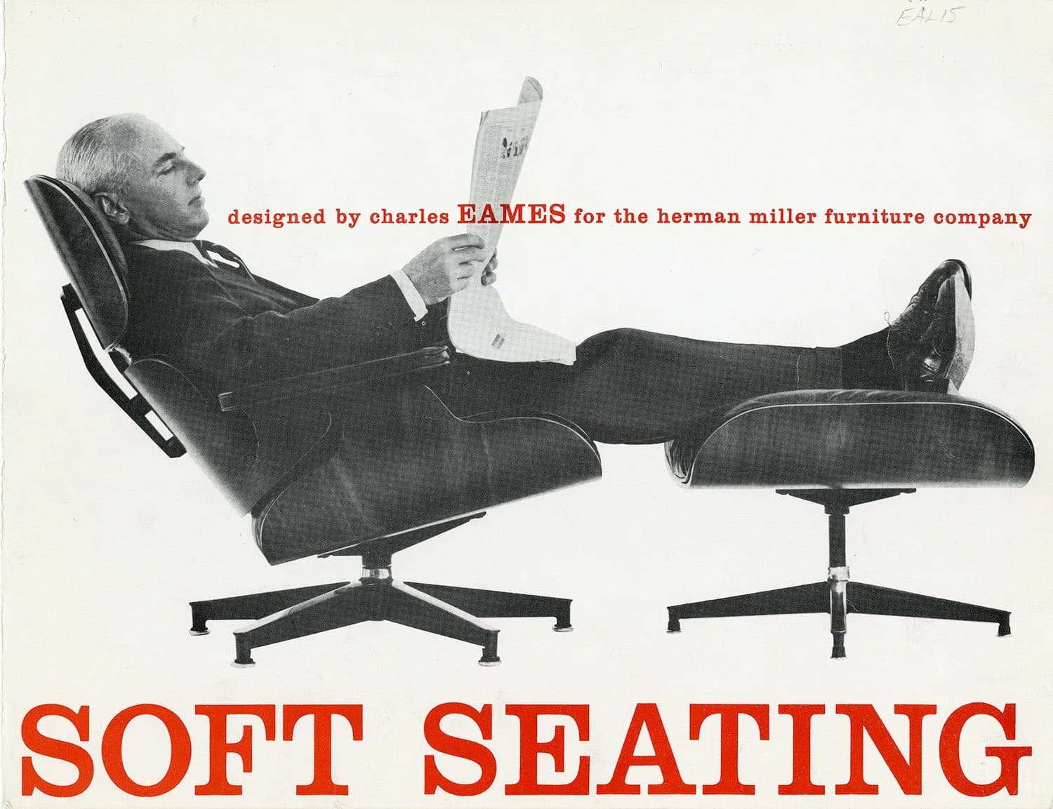 Vintage advertisement for the Eames Lounge Chair. It shows a man dressed in a suit and tie, reclining on the chair and reading a newspaper.