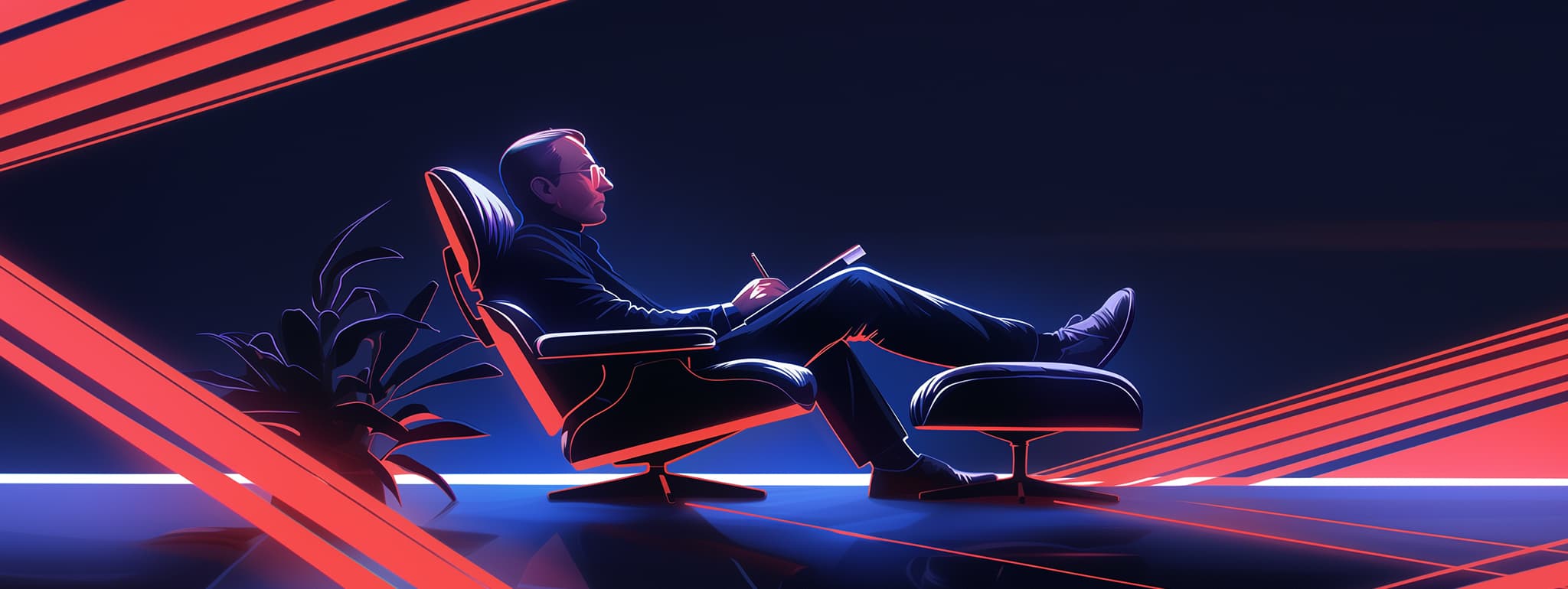 A stylized digital illustration of a person reclining in an Eames lounge chair and ottoman, rendered in a neon-noir style with deep blues and bright coral red accents. The person is shown in profile, wearing glasses and holding what appears to be a device or notebook. The scene includes abstract geometric lines cutting across the composition and a potted plant in the background. The lighting creates dramatic shadows and highlights, giving the illustration a modern, cyberpunk aesthetic.