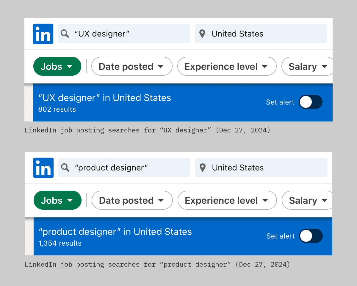 Screenshots of LinkedIn job postings for "UX designer" and "product designer"