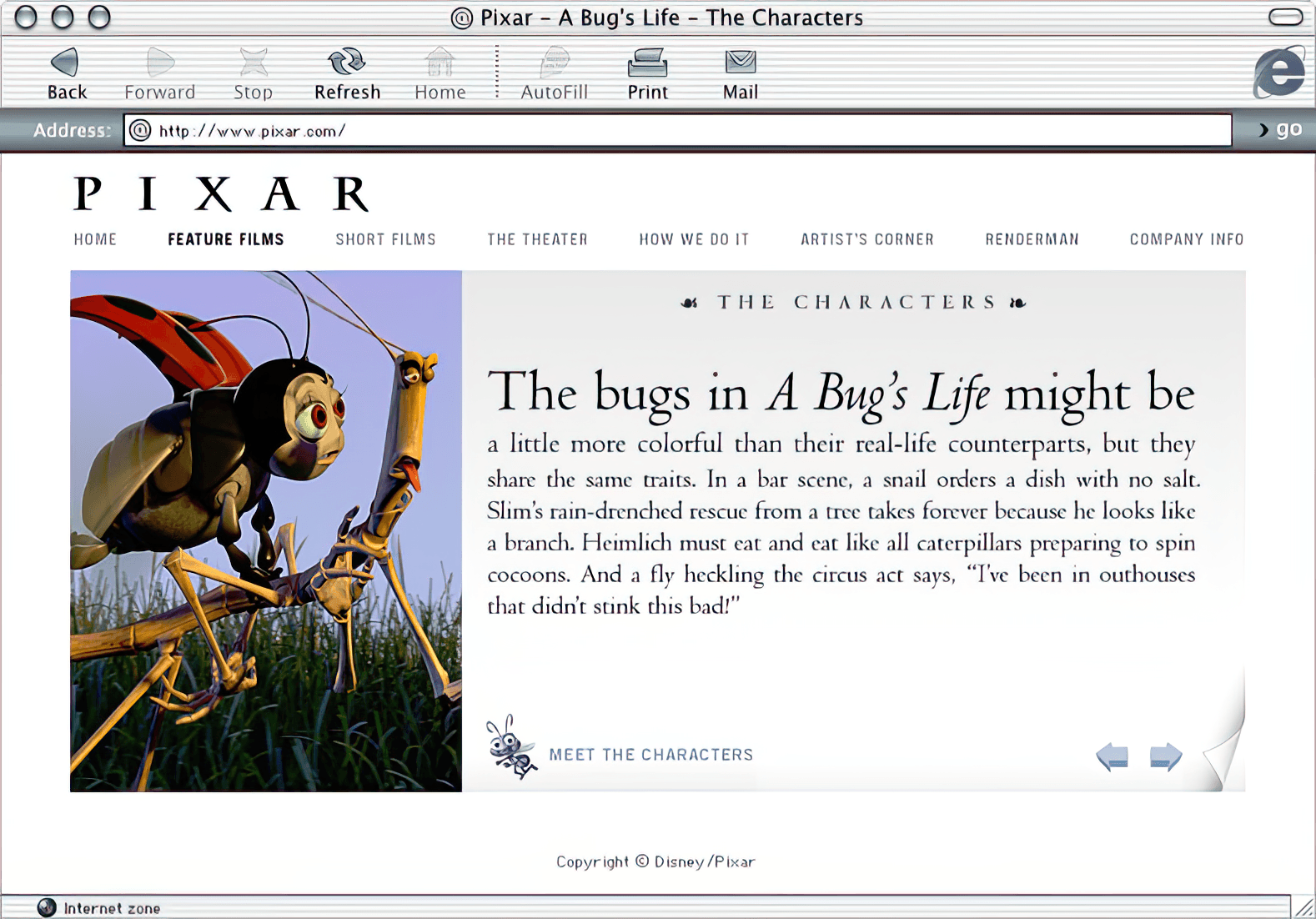 Screenshot of Pixar.com from 2001, showing a character page for "A Bug's Life". The page features the classic Pixar logo, navigation menu, and a large image of an animated beetle character. The text describes how the film's insects maintain realistic traits despite their stylized designs. The interface uses Internet Explorer's classic toolbar and window design.