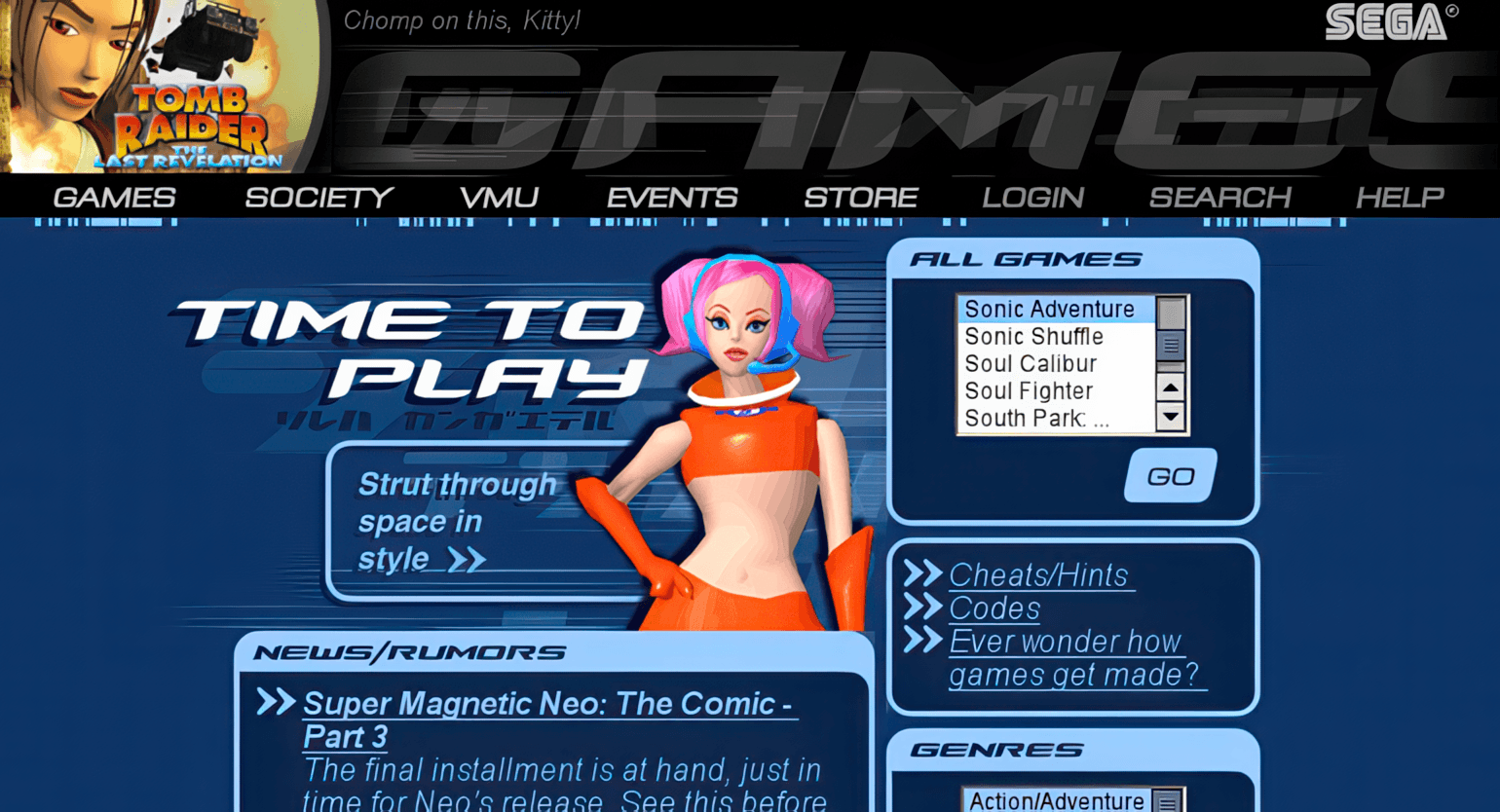 Screenshot of Sega.com circa 2000, featuring a futuristic blue interface. The main navigation includes Games, Society, VMU, Events, Store, Login, Search, and Help. A Tomb Raider logo appears in the top left. The center shows "Time to Play" with a 3D-rendered character with pink hair in a orange outfit. The right side contains game lists and navigation menus including "All Games" featuring titles like Sonic Adventure and Soul Calibur.