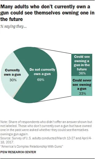 A pie chart titled 'Many adults who don't currently own a gun could see themselves owning one in the future' shows the percentage breakdown of U.S. adults regarding gun ownership. 30% currently own a gun, 69% do not currently own a gun. Among those who don't own a gun, 36% could see themselves owning a gun in the future, while 33% say they could never see owning a gun. The data is from a Pew Research Center survey conducted in March and April 2017.