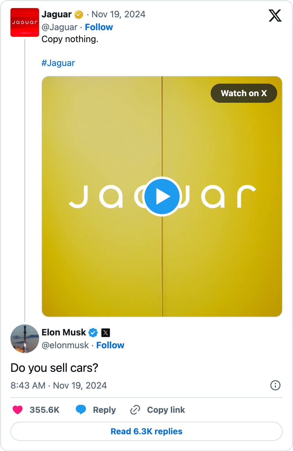 Jaguar's tweet showing their new 'Copy Nothing' brand film and Elon Musk's response saying 'Do you sell cars?'