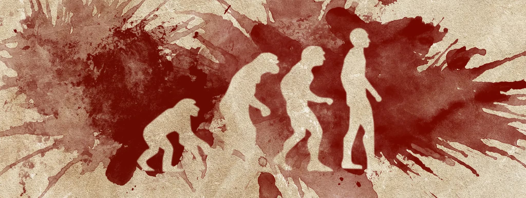 Silhouette of human evolution stages over a background of red blood splatters, symbolizing violence and primal instincts.