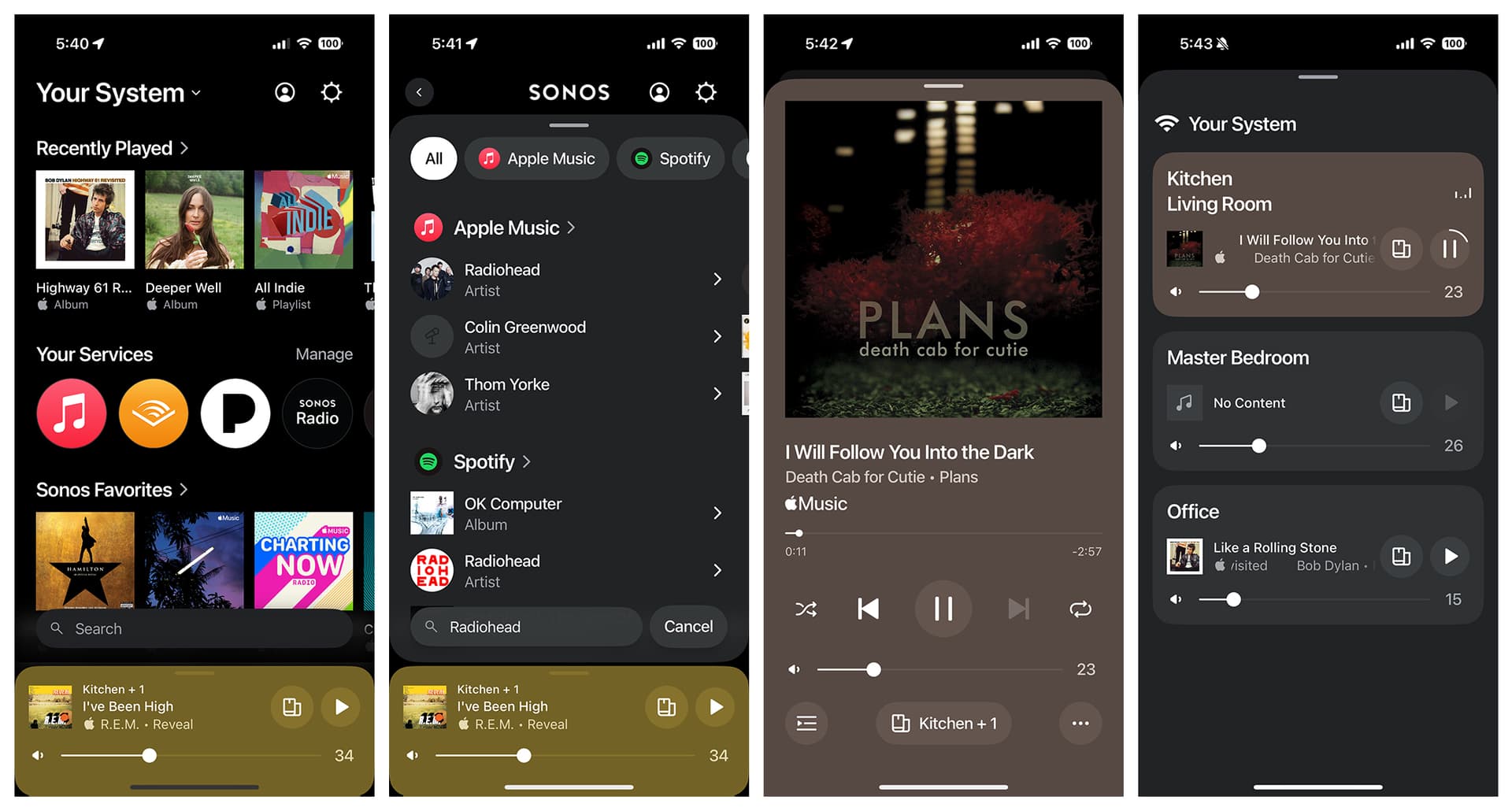 Four screenshots of the Sonos app interface on a mobile device, displaying music playback, browsing, and system controls. The first screen shows the home screen with recently played albums, music services, and a playback bar. The second screen presents a search interface with Apple Music and Spotify options. The third screen displays the now-playing view with album art and playback controls. The fourth screen shows multi-room speaker controls with volume levels and playback status for different rooms.