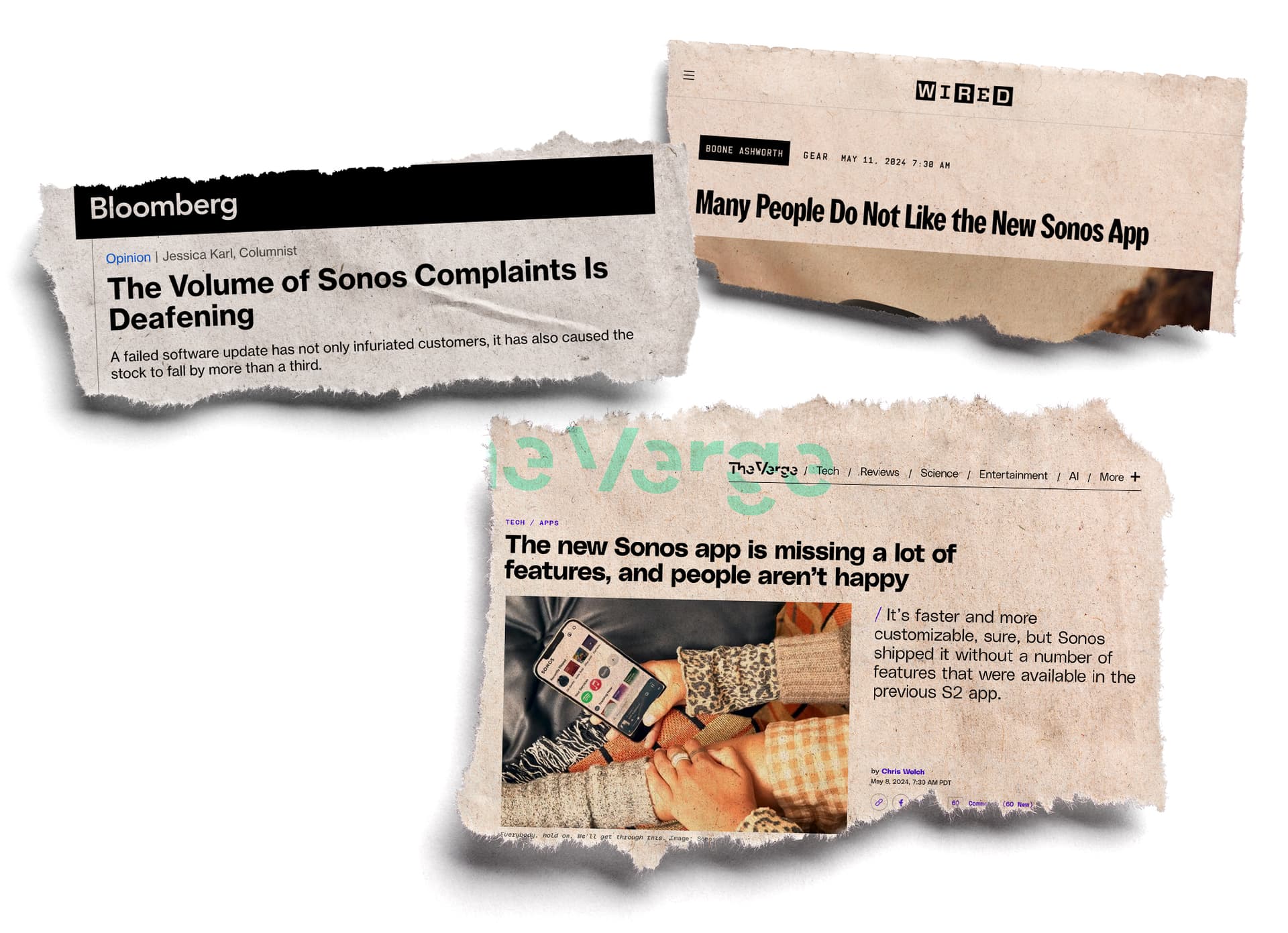 A collage of torn newspaper-style headlines from Bloomberg, Wired, and The Verge, all criticizing the new Sonos app. Bloomberg’s headline states, “The Volume of Sonos Complaints Is Deafening,” mentioning customer frustration and stock decline. Wired’s headline reads, “Many People Do Not Like the New Sonos App.” The Verge’s article, titled “The new Sonos app is missing a lot of features, and people aren’t happy,” highlights missing features despite increased speed and customization.