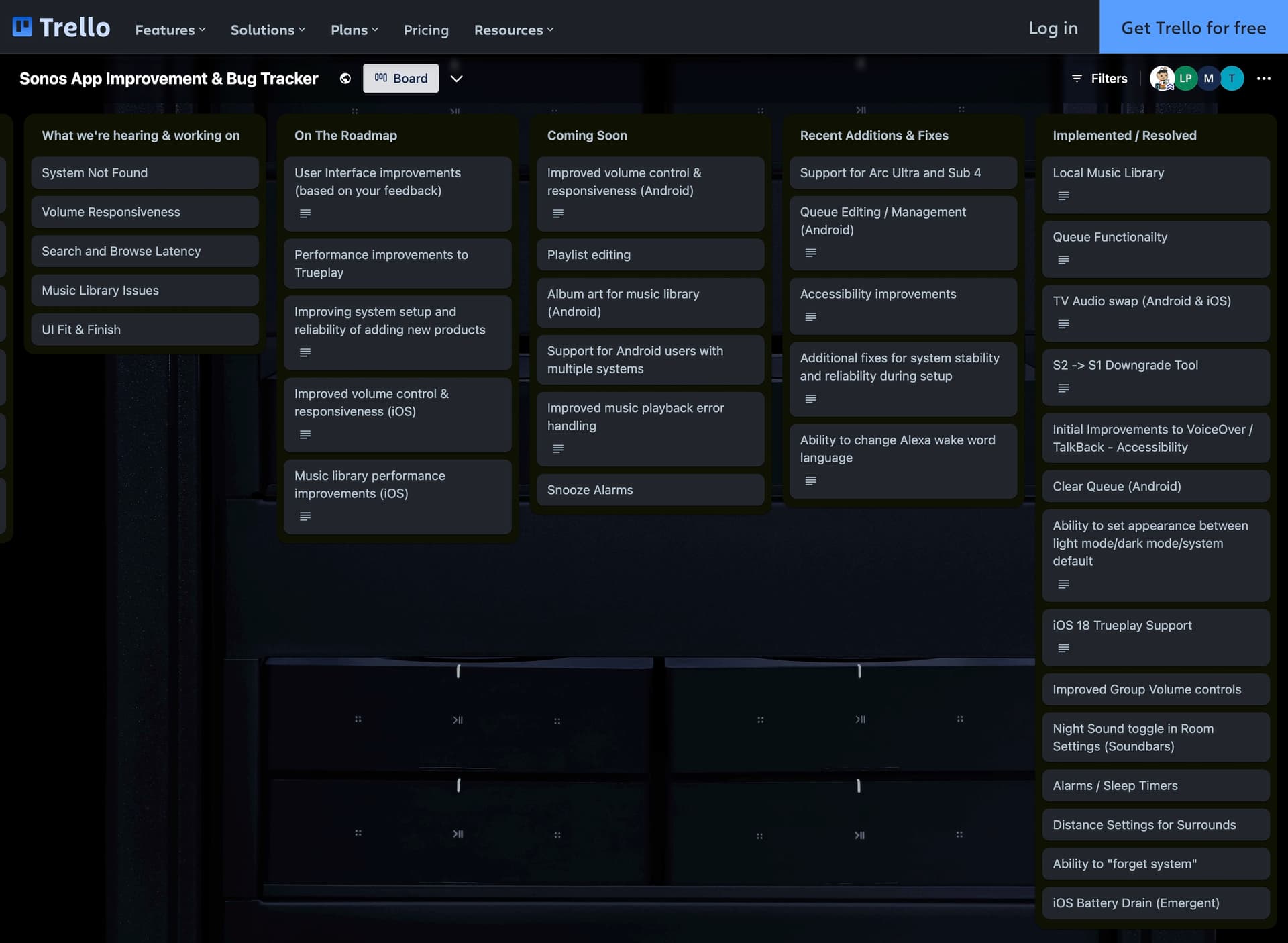 A Trello board titled “Sonos App Improvement & Bug Tracker” displaying various columns with updates on issues, roadmap items, upcoming features, recent fixes, and implemented solutions. Categories include system issues, volume responsiveness, music library performance, and accessibility improvements for the Sonos app.