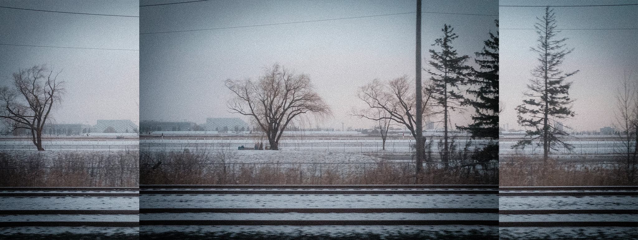 A winter panoramic view from what appears to be a train window, showing a snowy landscape with bare deciduous trees and evergreens against a gray sky. The image has a moody, blue-gray tone and is divided into sections, suggesting movement or multiple shots stitched together.