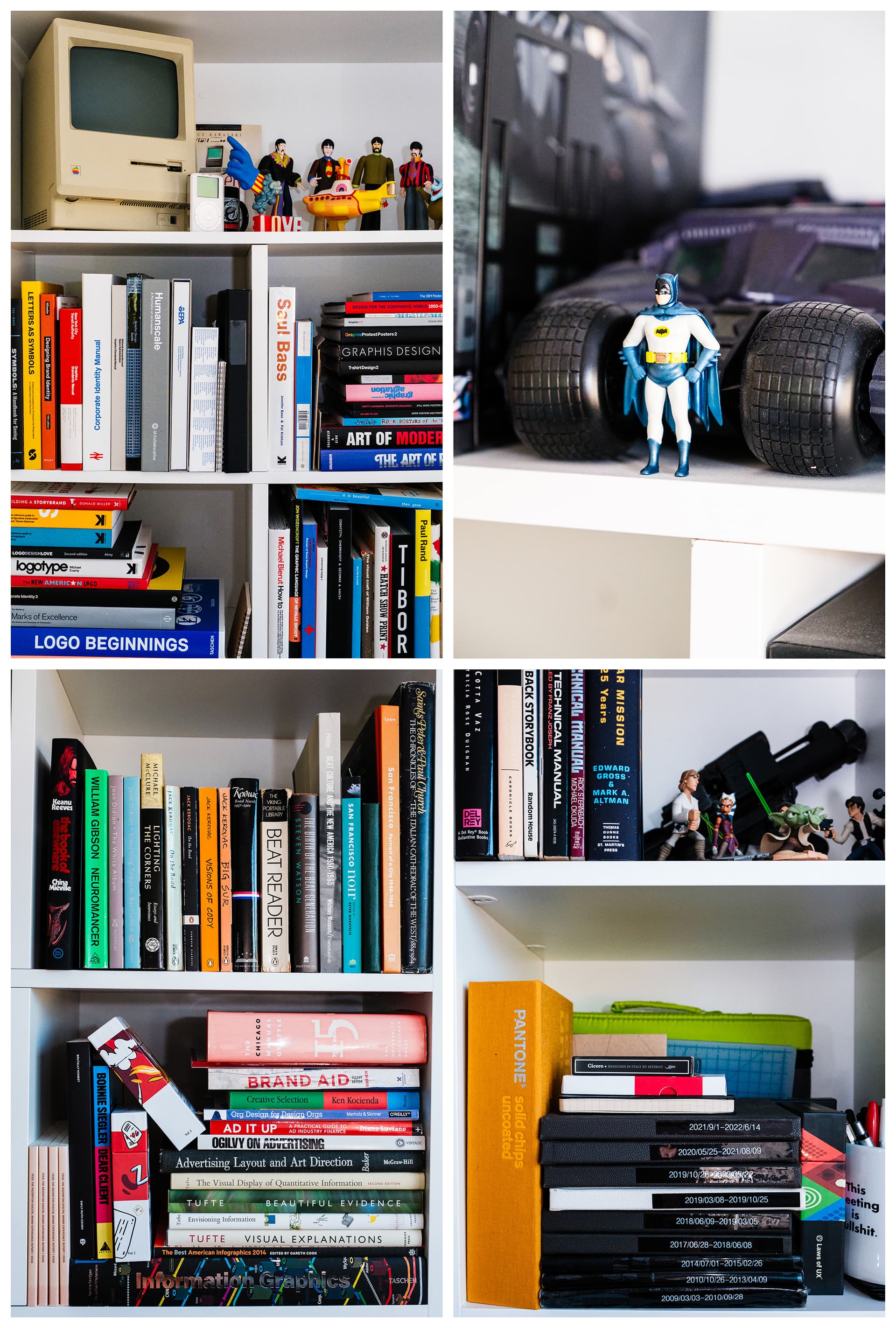 Collection of bookshelves showing design and tech-related books, including titles on graphic design, branding, and typography. Features decorative items including an old Macintosh computer, action figures of pop culture characters, and black sketchbooks labeled with dates. Books include works by Tufte and texts about advertising and logo design.