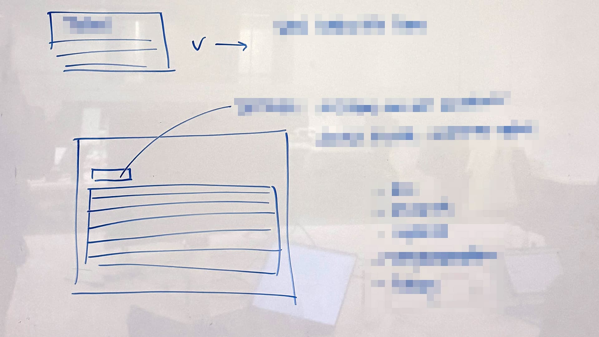 A whiteboard sketch showing a UI wireframe with several horizontal lines representing text or content areas, connected by an arrow to a larger wireframe below. The text content is blurred out.