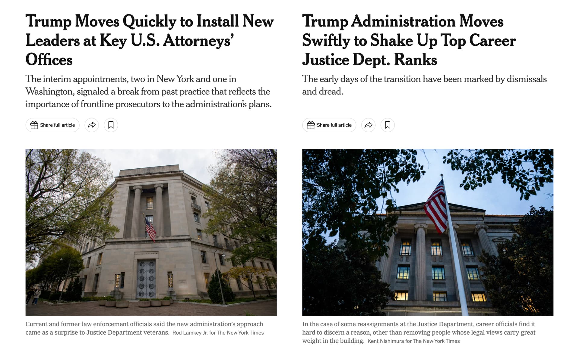 Two screenshots from the New York Times showing related headlines about Trump's Justice Department changes in 2025. Both show neoclassical government buildings with American flags. The left article discusses new U.S. Attorney appointments in New York and Washington, while the right article covers broader shake-ups in DOJ career ranks. Both images show Justice Department buildings at dusk or dawn, captured from low angles emphasizing their imposing classical architecture.