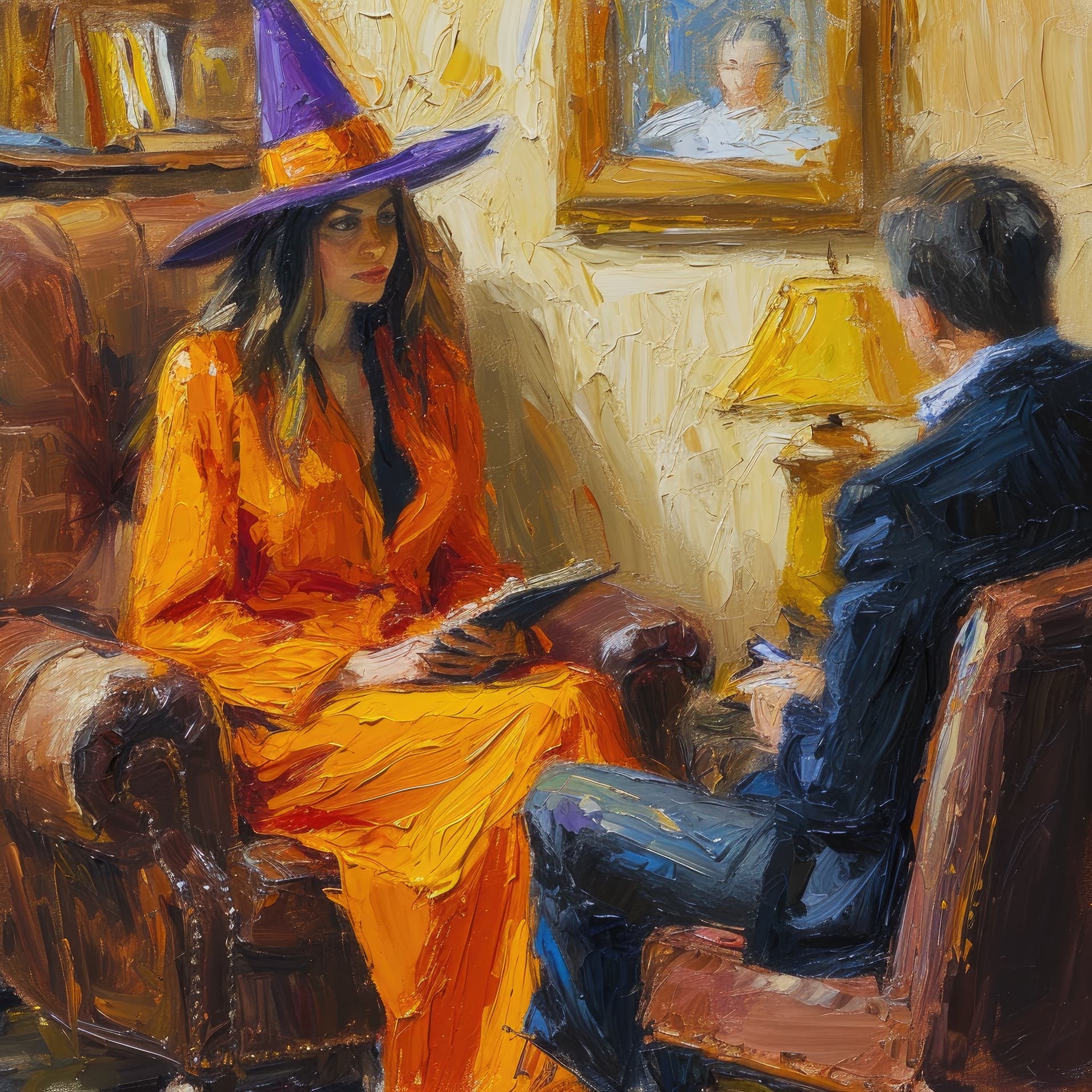 Woman in orange with a wizard's hat conversing with man sitting.