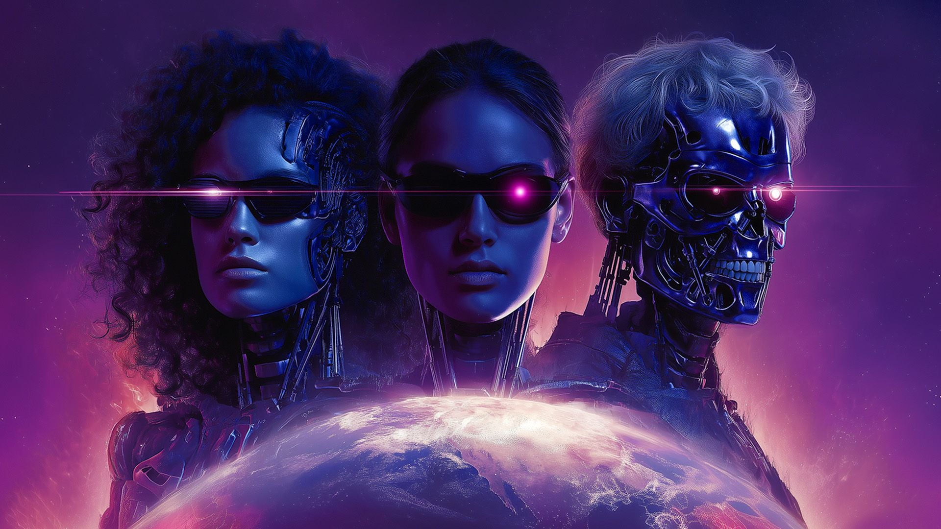 Stylized artwork showing three figures in profile - two humans and a metallic robot skull - connected by a red laser line against a purple cosmic background with Earth below.