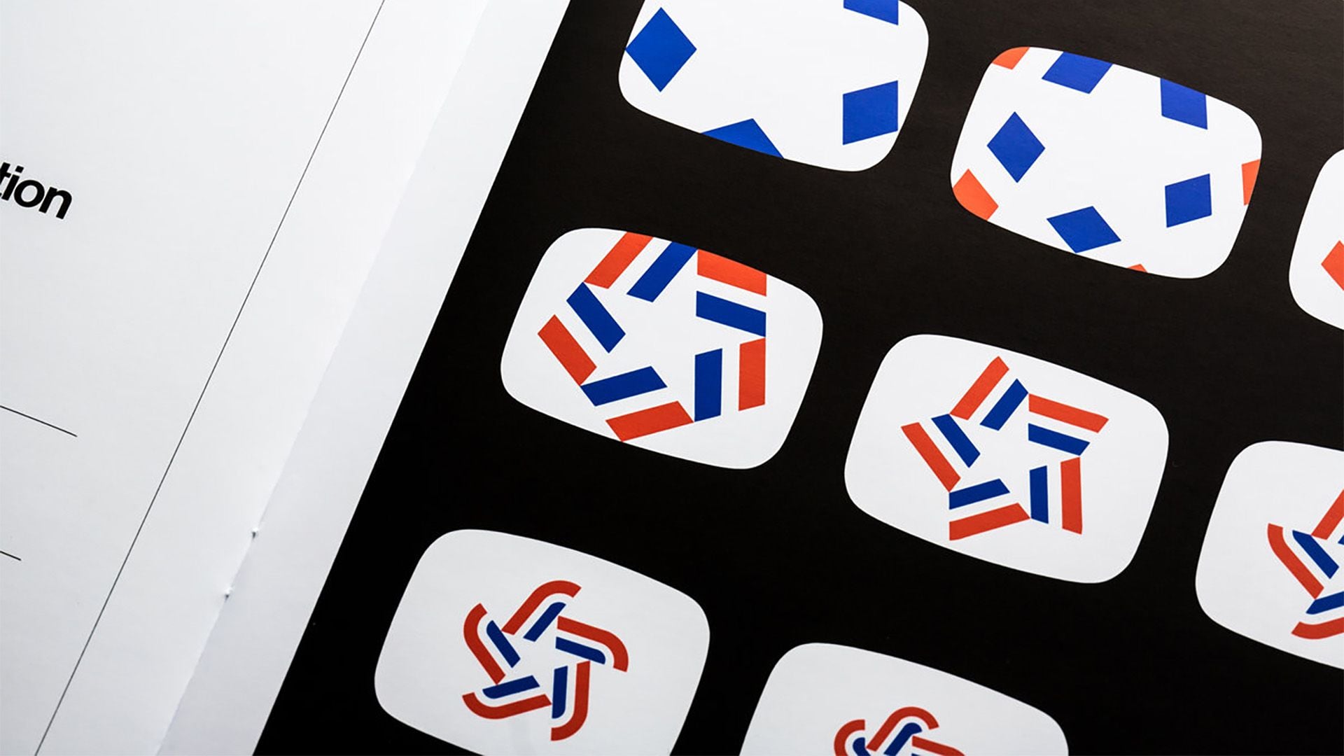 Close-up of bicentennial logo storyboard frames featuring red, white, and blue geometric patterns and star designs in rounded rectangles.