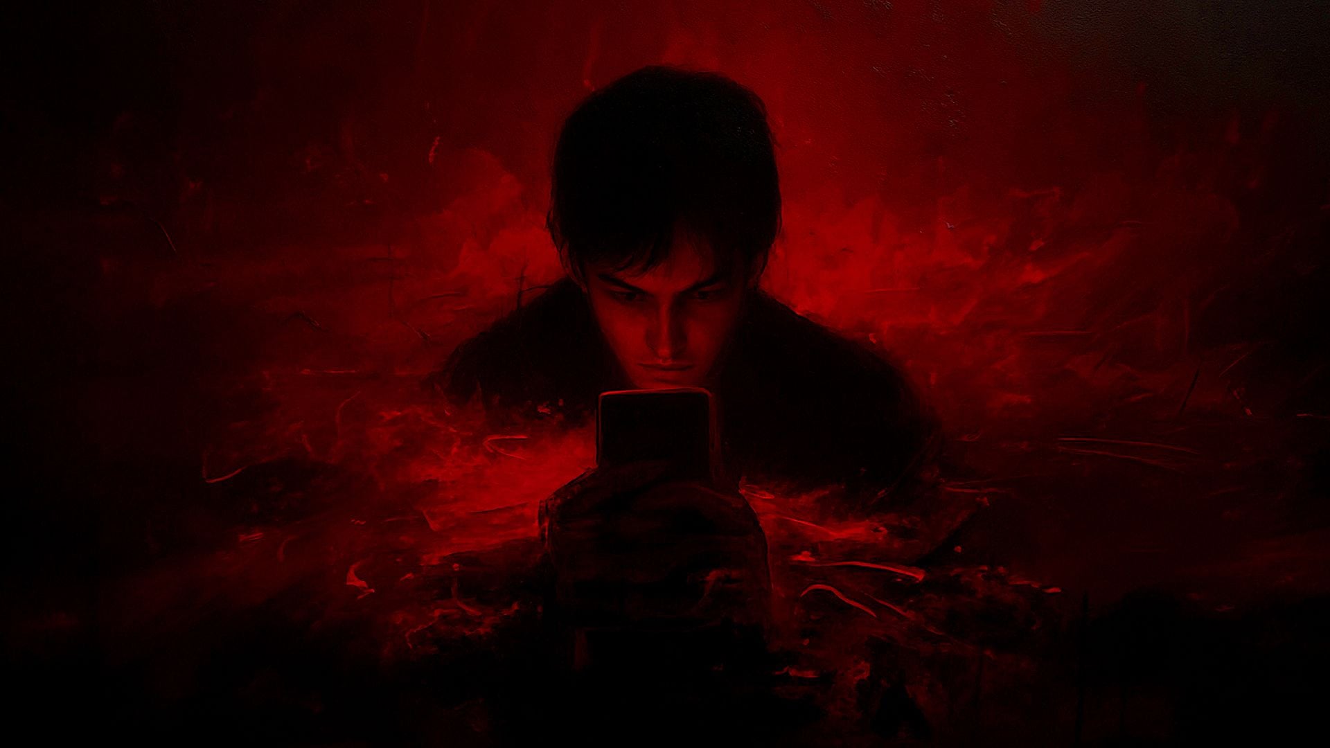 Dark red-toned artwork of a person staring into a glowing phone, surrounded by swirling shadows.
