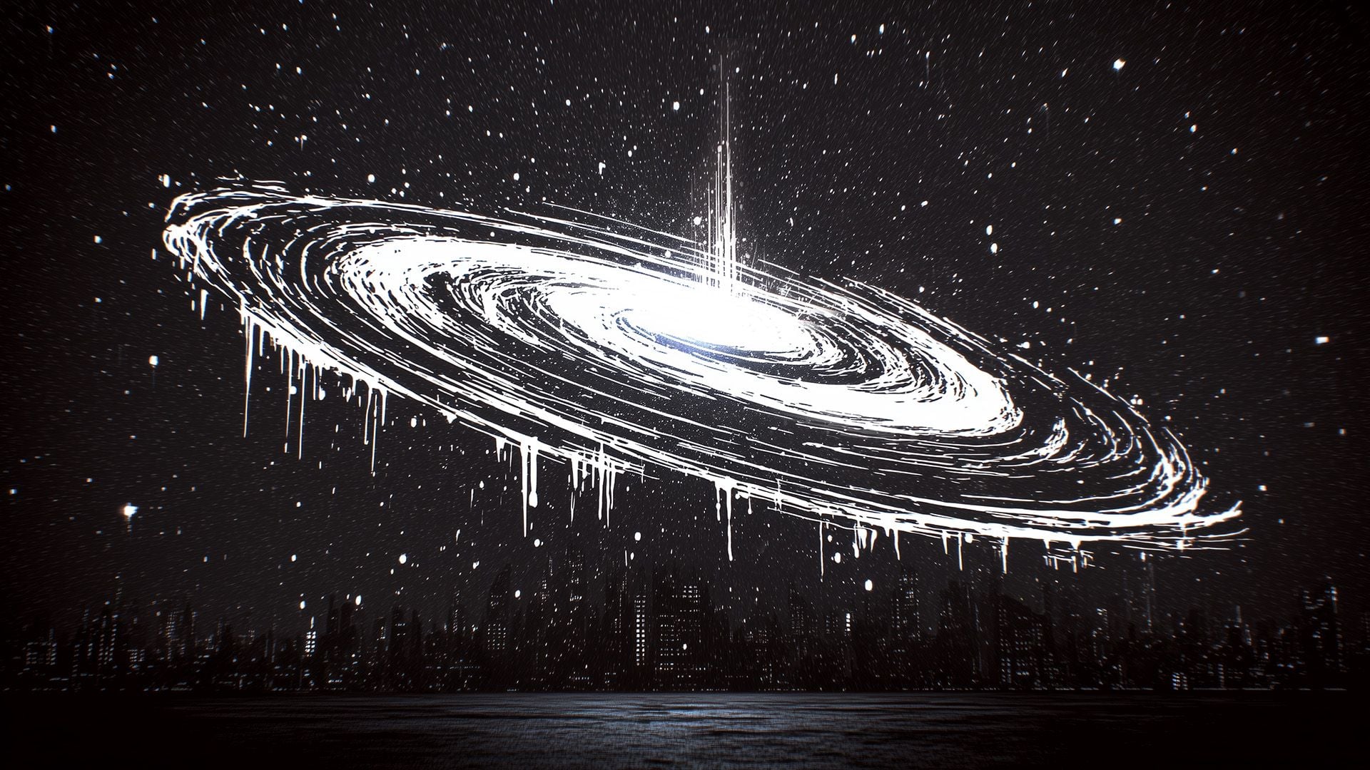 Surreal black-and-white artwork of a glowing spiral galaxy dripping paint-like streaks over a city skyline at night.
