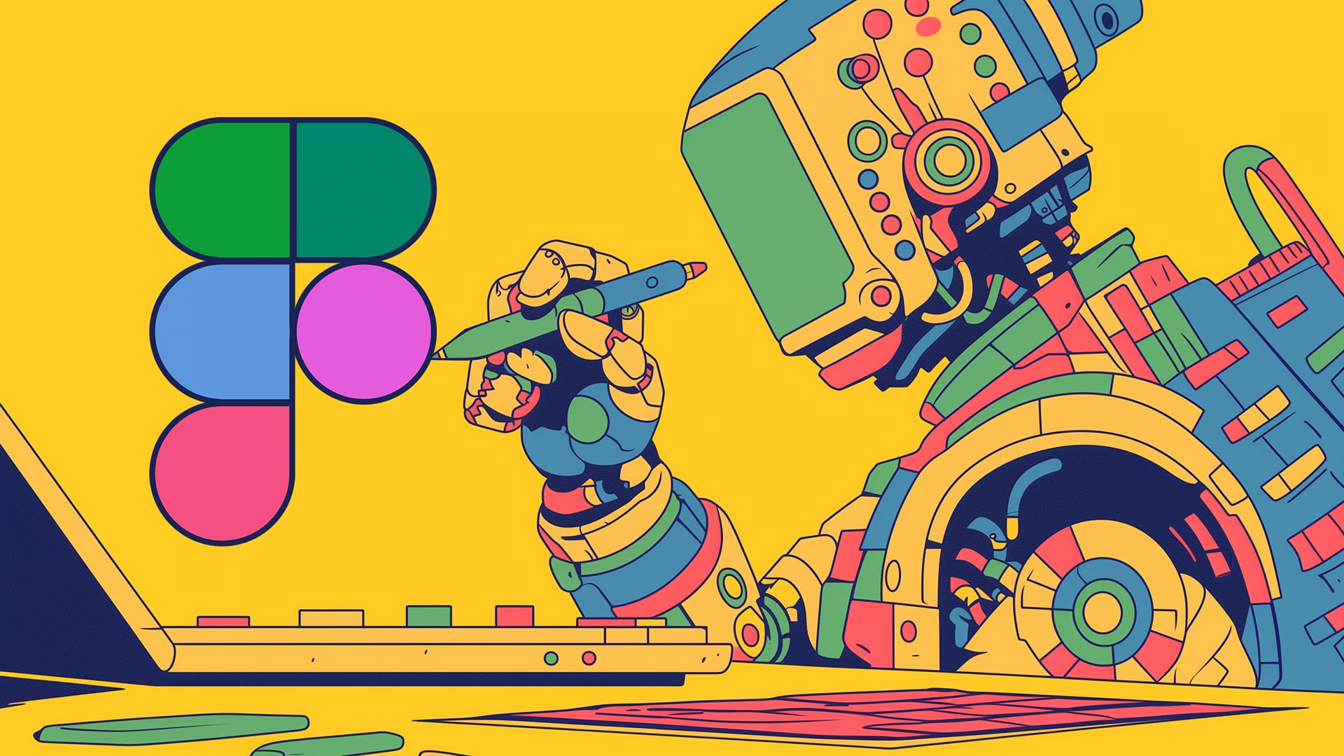 Colorful illustration featuring the Figma logo on the left and a whimsical character operating complex, abstract machinery with gears, dials, and mechanical elements in vibrant colors against a yellow background.