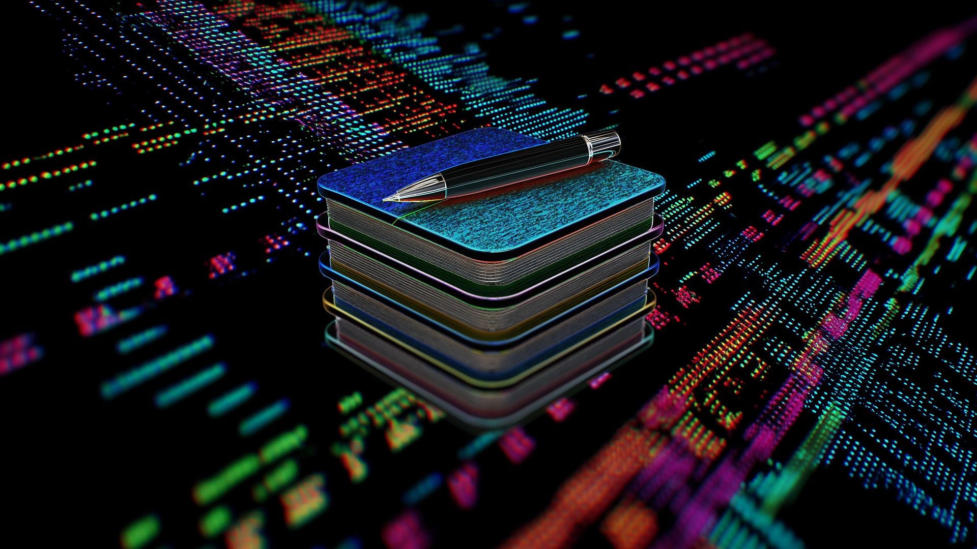Conceptual 3D illustration of stacked digital notebooks with a pen on top, overlaid on colorful computer code patterns.