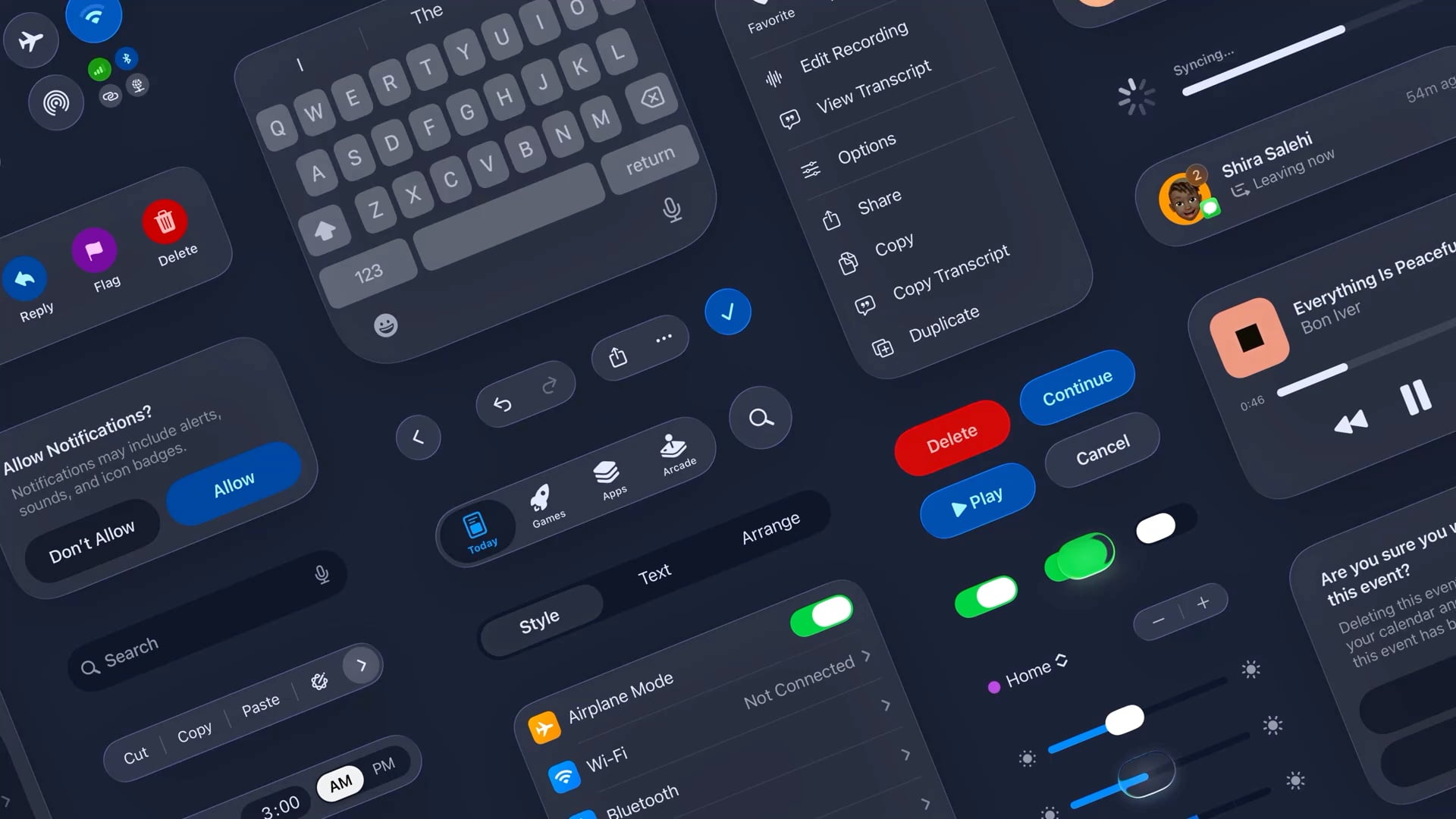 Collection of iOS interface elements showcasing Liquid Glass design system including keyboards, menus, buttons, toggles, and dialogs with translucent materials on dark background.