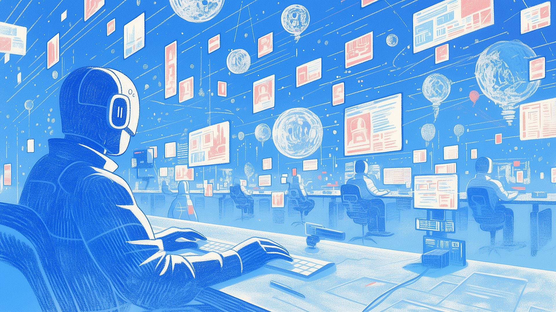 Illustration of humanoid robots working at computer terminals in a futuristic control center, with floating digital screens and globes surrounding them in a virtual space.