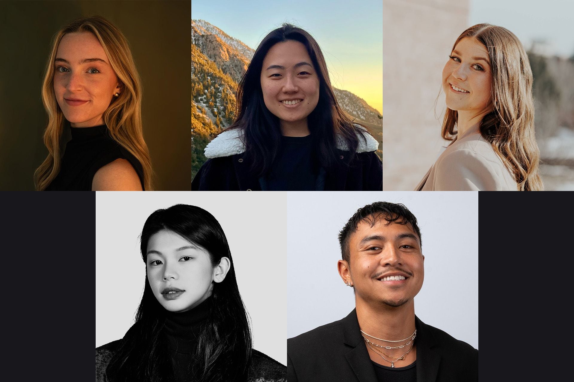 Portraits of five recent design graduates. From top left to right: Ashton Landis, wearing a black sleeveless top with long blonde hair against a dark background; Erika Kim, outdoors in front of a mountain at sunset, smiling in a fleece-collared jacket; Emma Haines, smiling and looking over her shoulder in a light blazer, outdoors; Bottom row, left to right: Leah Ray, in a black-and-white portrait wearing a black turtleneck, looking ahead, Benedict Allen, smiling in a black jacket with layered necklaces against a light background