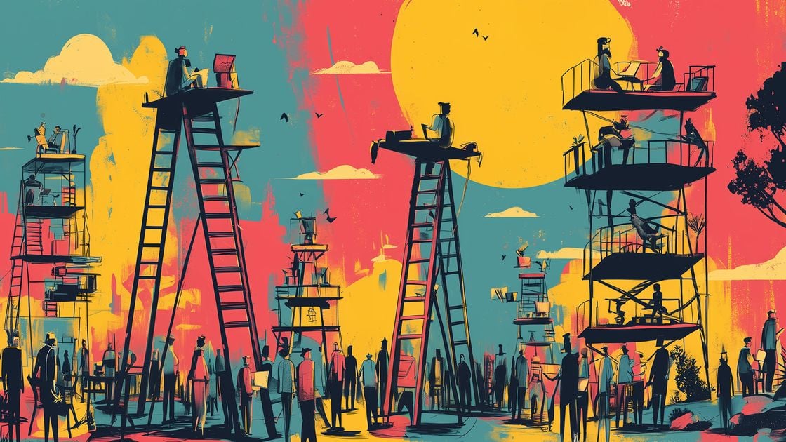 Illustration of people working on laptops atop tall ladders and multi-level platforms, symbolizing hierarchy and competition, set against a bold, abstract sunset background.