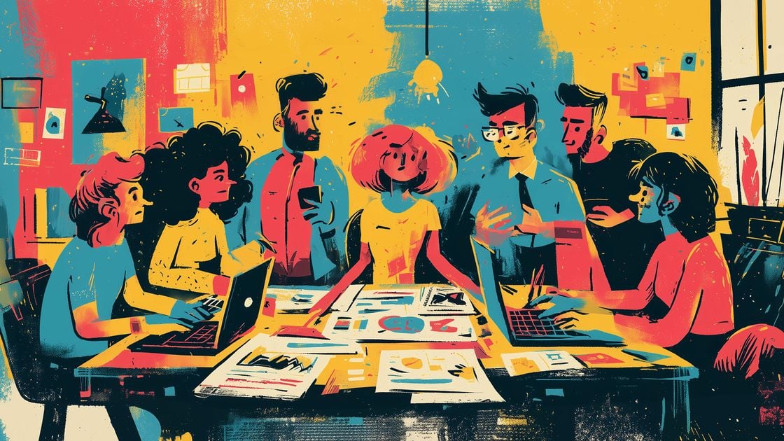 Illustration of diverse designers collaborating around a table with laptops and design materials, rendered in a vibrant style with coral, yellow, and teal colors