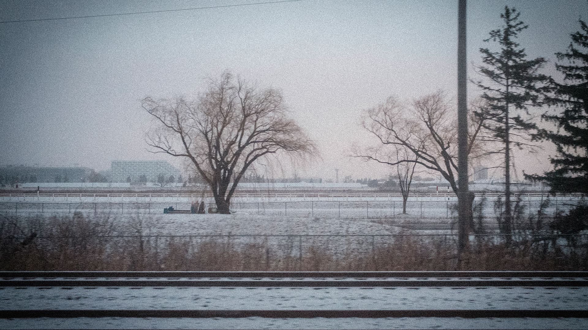 A winter panoramic view from what appears to be a train window, showing a snowy landscape with bare deciduous trees and evergreens against a gray sky. The image has a moody, blue-gray tone.