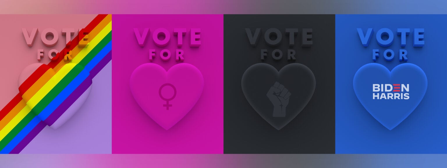 Four posters, each depicting the words "Vote For" followed by a heart. Each heart represents a different cause.